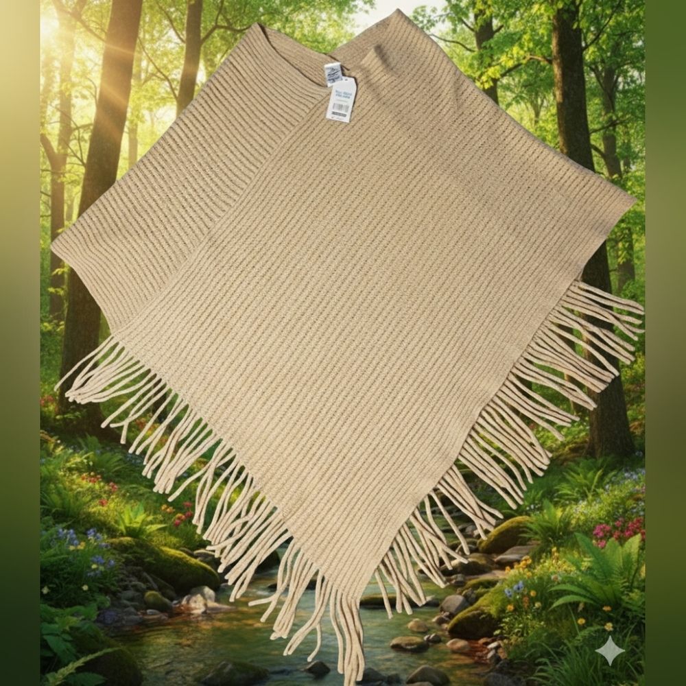 Time & Tru NWT Women's XXL-XXXL, Boho,Cottagecore, Ribbed Fringe Poncho Comfy - Picture 3 of 12